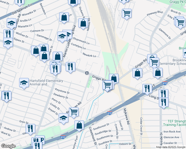 map of restaurants, bars, coffee shops, grocery stores, and more near 5529 Griggs Road in Houston