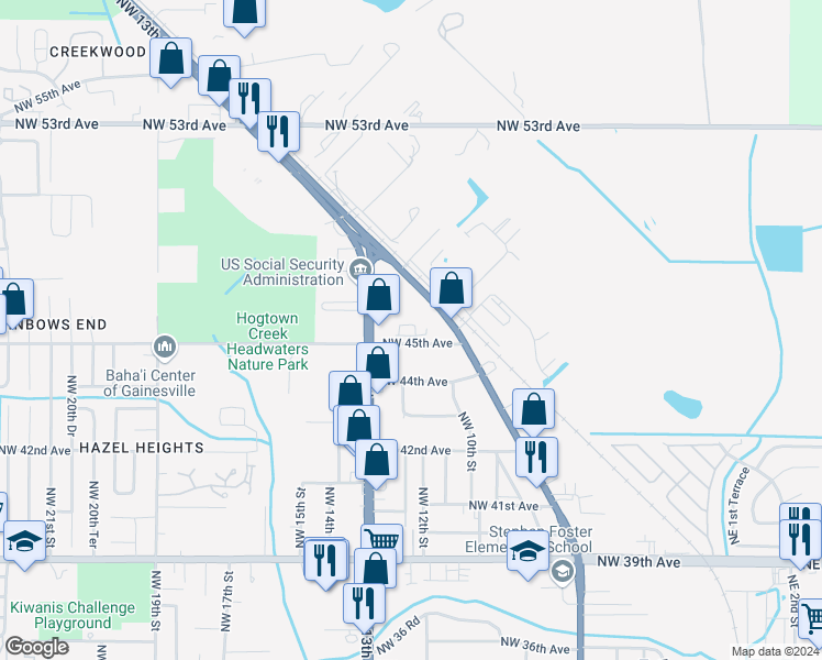 map of restaurants, bars, coffee shops, grocery stores, and more near 4577 Northwest 13th Street in Gainesville