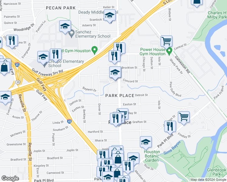 map of restaurants, bars, coffee shops, grocery stores, and more near 3000 Broadway Street in Houston
