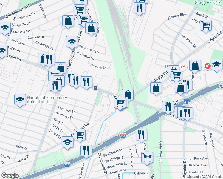 map of restaurants, bars, coffee shops, grocery stores, and more near 5628 Sunrise Road in Houston