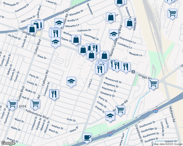 map of restaurants, bars, coffee shops, grocery stores, and more near 5090 Griggs Road in Houston