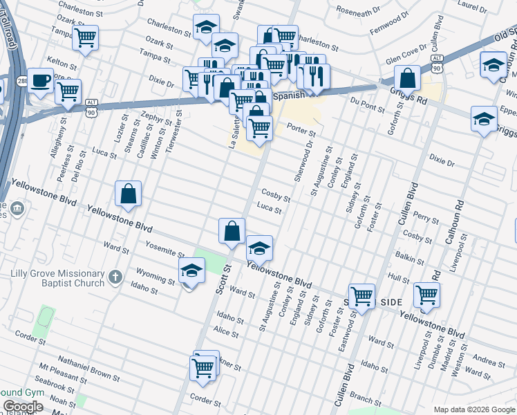 map of restaurants, bars, coffee shops, grocery stores, and more near 3914 Cosby Street in Houston