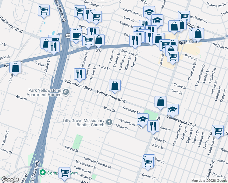 map of restaurants, bars, coffee shops, grocery stores, and more near 6806 Cadillac Street in Houston