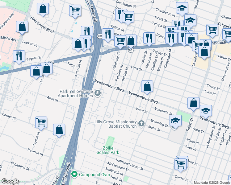 map of restaurants, bars, coffee shops, grocery stores, and more near in Houston