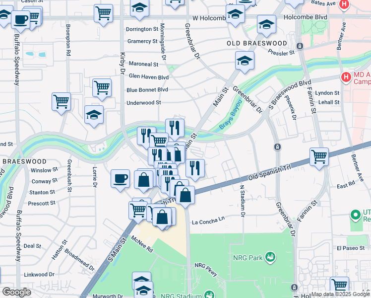 map of restaurants, bars, coffee shops, grocery stores, and more near 7700 Main street in Houston