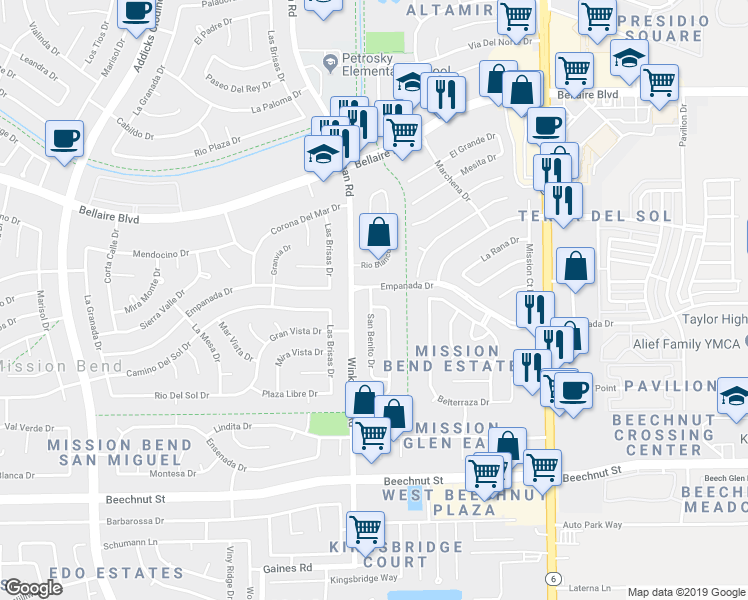 map of restaurants, bars, coffee shops, grocery stores, and more near 15038 Empanada Drive in Houston