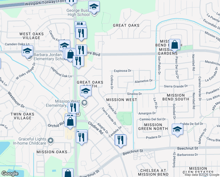 map of restaurants, bars, coffee shops, grocery stores, and more near 7243 Chickory Woods Lane in Houston