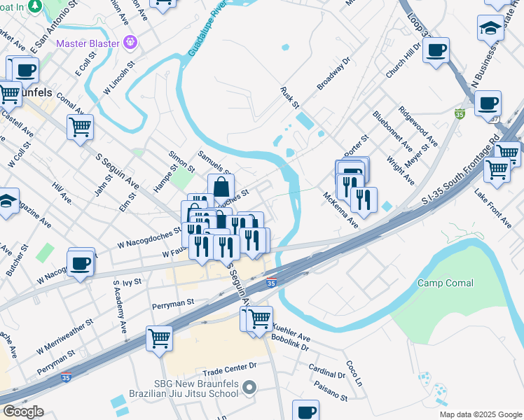 map of restaurants, bars, coffee shops, grocery stores, and more near 960 Sanger Avenue in New Braunfels