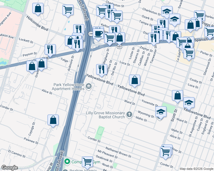 map of restaurants, bars, coffee shops, grocery stores, and more near 6839 Del Rio Street in Houston