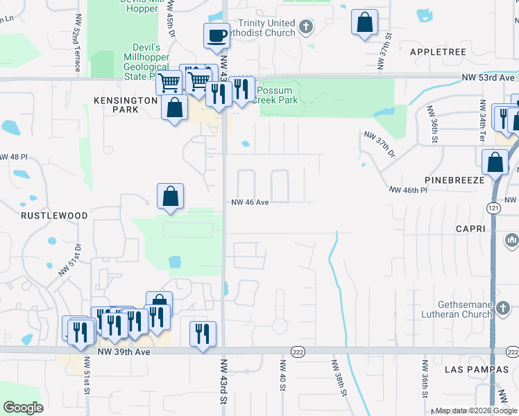 map of restaurants, bars, coffee shops, grocery stores, and more near 4618 Northwest 40th Terrace in Gainesville