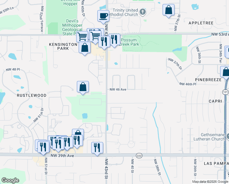 map of restaurants, bars, coffee shops, grocery stores, and more near 4608 Northwest 41 Street in Gainesville