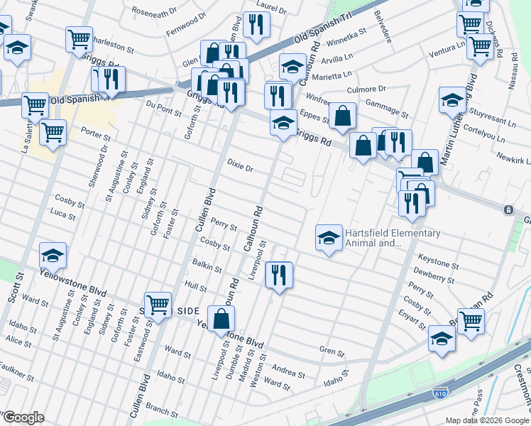 map of restaurants, bars, coffee shops, grocery stores, and more near 4529 Keystone Street in Houston