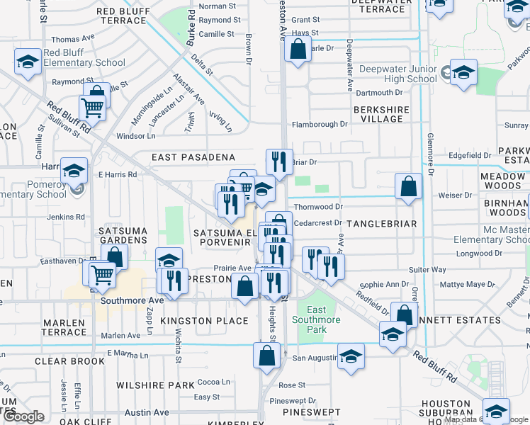 map of restaurants, bars, coffee shops, grocery stores, and more near 804 Preston Road in Pasadena