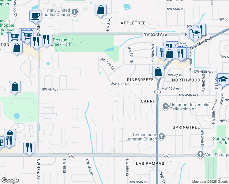 map of restaurants, bars, coffee shops, grocery stores, and more near 3703 Northwest 46th Place in Gainesville