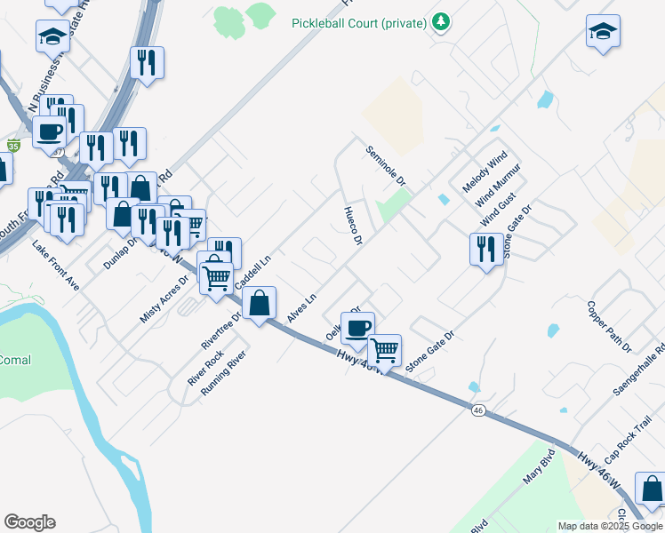 map of restaurants, bars, coffee shops, grocery stores, and more near 905 Brown Rock Drive in New Braunfels