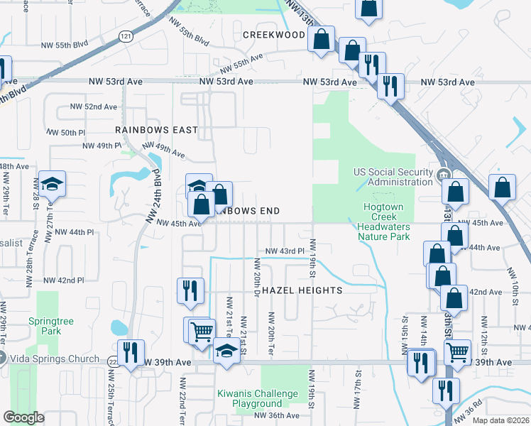 map of restaurants, bars, coffee shops, grocery stores, and more near 4536 Northwest 20th Terrace in Gainesville