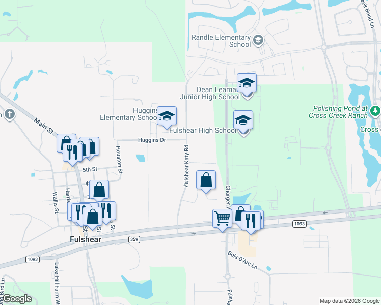 map of restaurants, bars, coffee shops, grocery stores, and more near 7415 Katy Fulshear Road in Fulshear