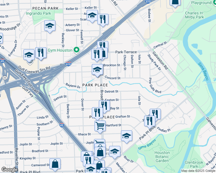 map of restaurants, bars, coffee shops, grocery stores, and more near 3003 Broadway Street in Houston