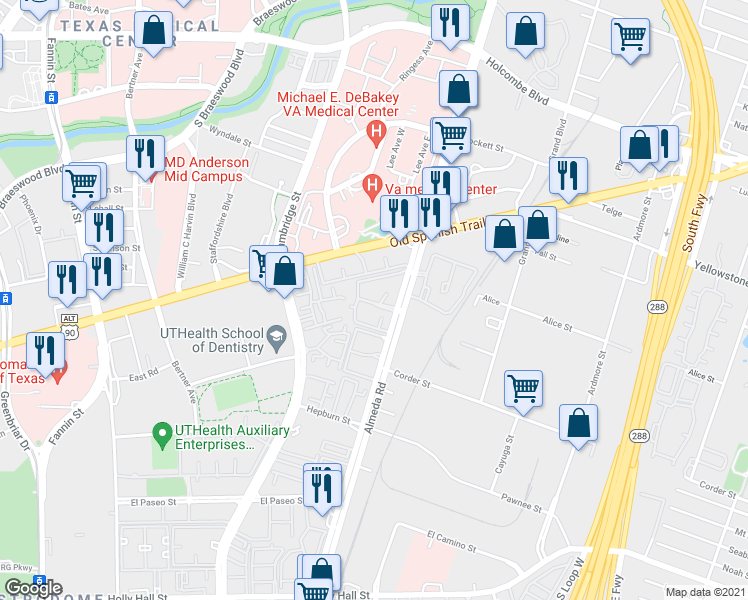 map of restaurants, bars, coffee shops, grocery stores, and more near 2300 Old Spanish Trail in Houston