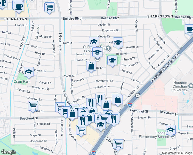map of restaurants, bars, coffee shops, grocery stores, and more near 8330 Carvel Lane in Houston