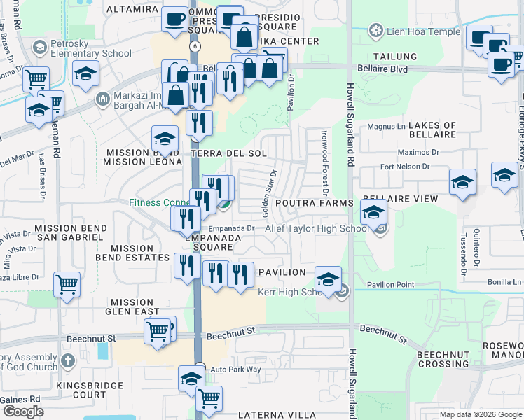 map of restaurants, bars, coffee shops, grocery stores, and more near 7211 Crimson Sky Drive in Houston