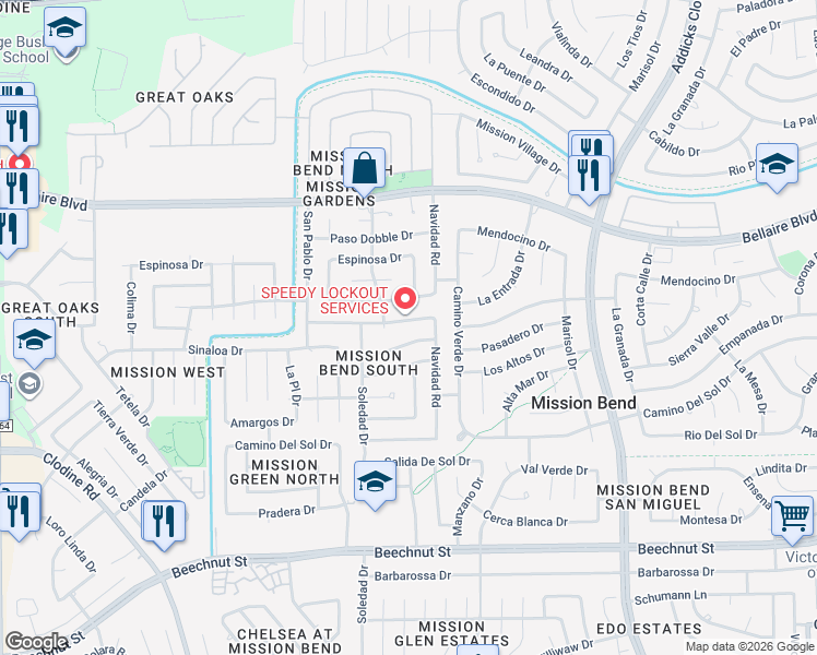 map of restaurants, bars, coffee shops, grocery stores, and more near 16218 Sierra Grande Drive in Houston