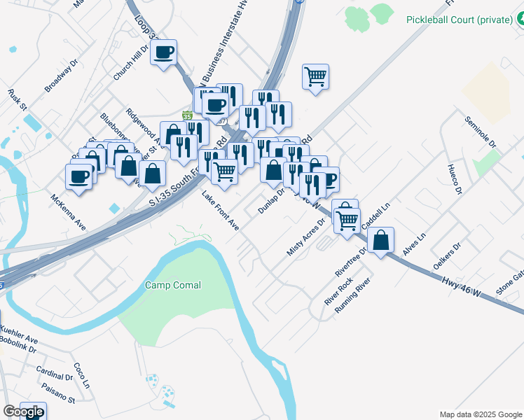 map of restaurants, bars, coffee shops, grocery stores, and more near 1138 Dunlap Loop in New Braunfels