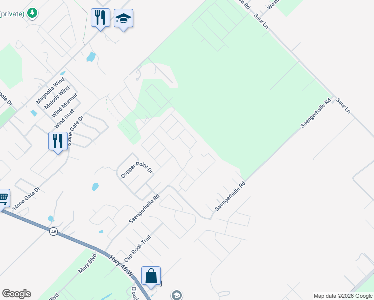 map of restaurants, bars, coffee shops, grocery stores, and more near 1392 Kelly River Street in New Braunfels