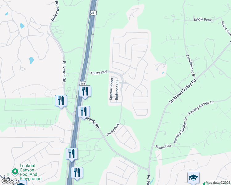 map of restaurants, bars, coffee shops, grocery stores, and more near 26810 Redstone Hill in San Antonio