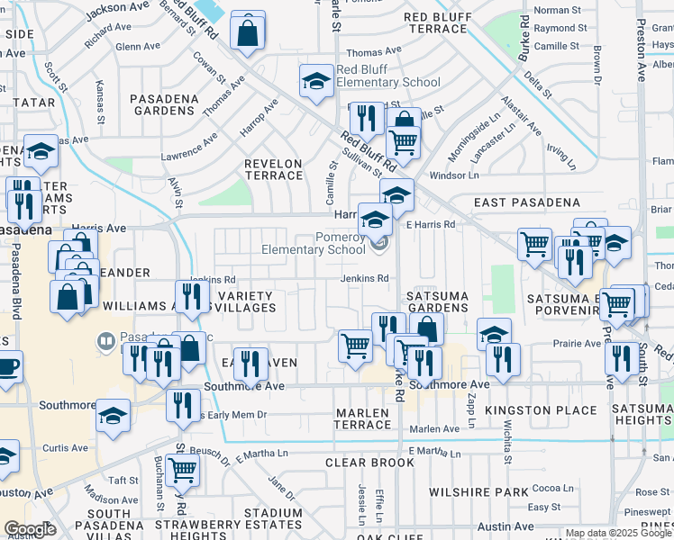 map of restaurants, bars, coffee shops, grocery stores, and more near 2001 Pecan Place in Pasadena