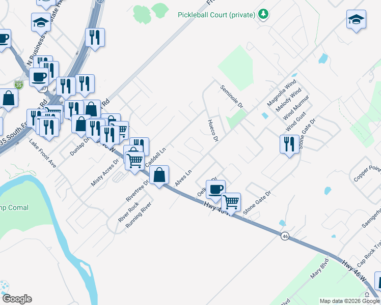 map of restaurants, bars, coffee shops, grocery stores, and more near 1136 Brown Rock Drive in New Braunfels