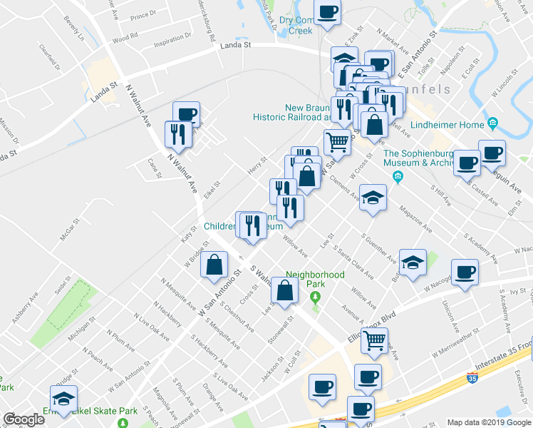 map of restaurants, bars, coffee shops, grocery stores, and more near 879 West Mill Street in New Braunfels