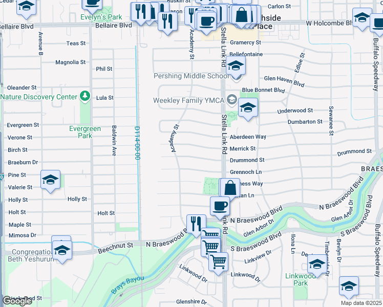 map of restaurants, bars, coffee shops, grocery stores, and more near 4063 Merrick Street in Houston
