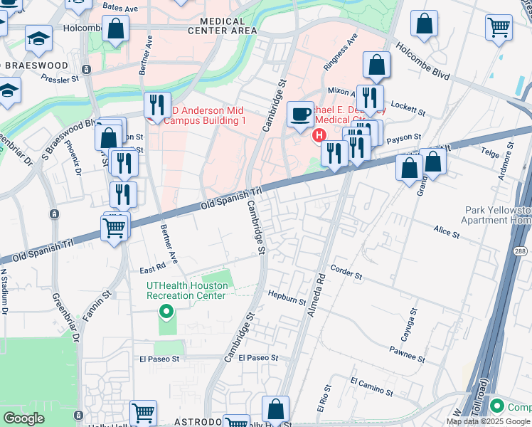 map of restaurants, bars, coffee shops, grocery stores, and more near 7447 Cambridge Street in Houston