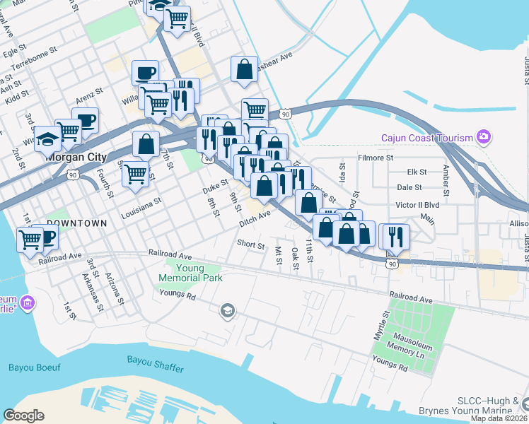 map of restaurants, bars, coffee shops, grocery stores, and more near 6502 Louisiana 182 in Morgan City