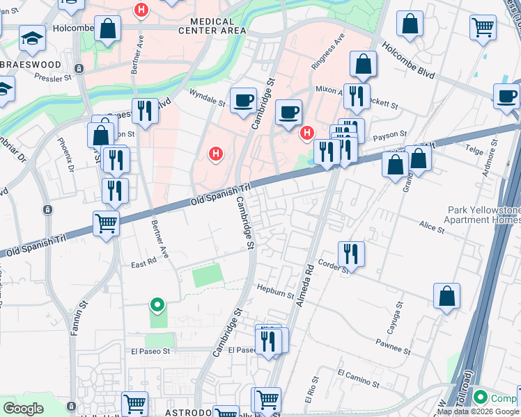map of restaurants, bars, coffee shops, grocery stores, and more near 2300 Old Spanish Trail in Houston
