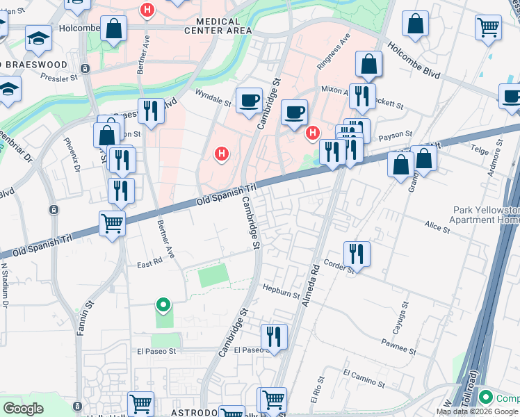 map of restaurants, bars, coffee shops, grocery stores, and more near 7447 Cambridge Street in Houston
