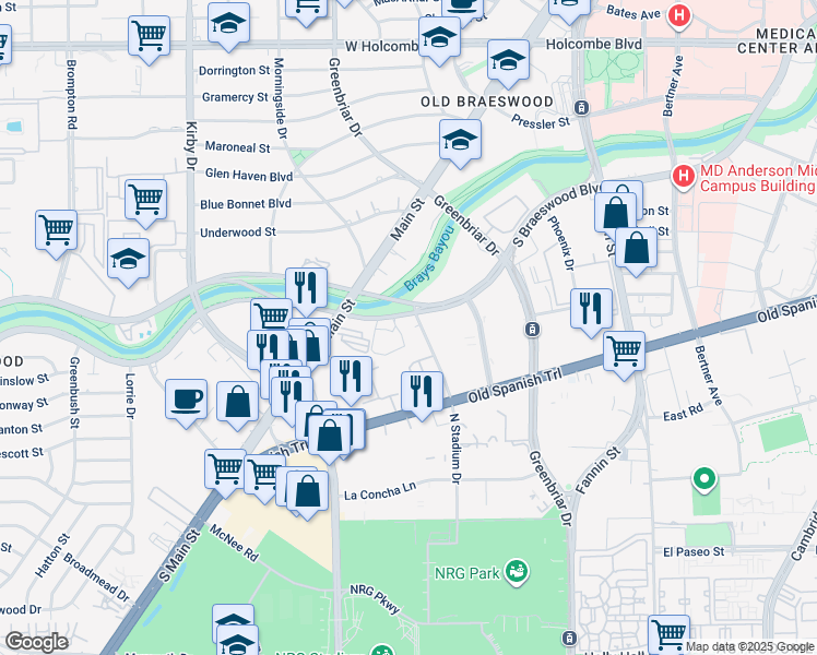 map of restaurants, bars, coffee shops, grocery stores, and more near 2100 South Braeswood Boulevard in Houston