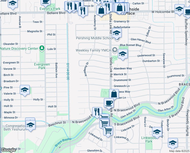 map of restaurants, bars, coffee shops, grocery stores, and more near 4063 Merrick Street in Houston