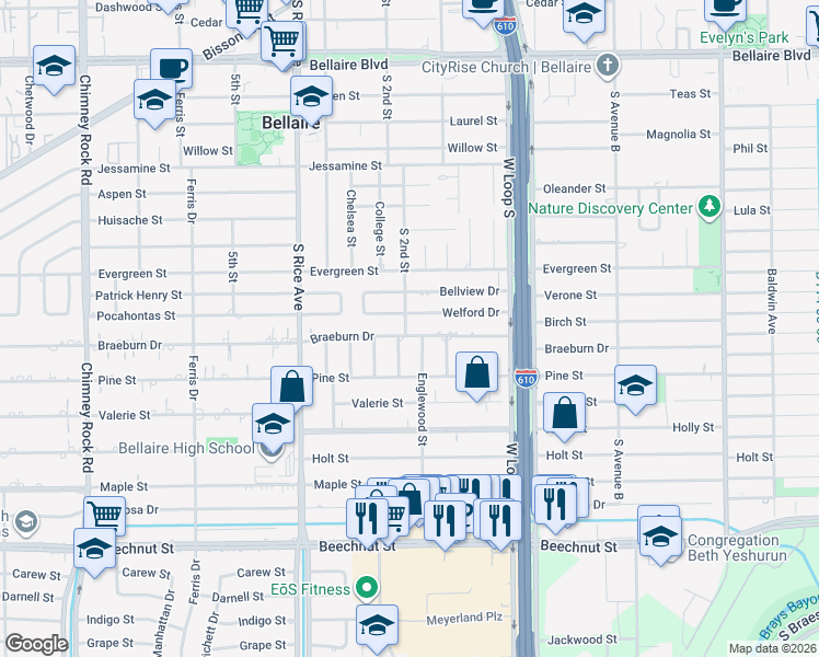 map of restaurants, bars, coffee shops, grocery stores, and more near 4813 Welford Drive in Bellaire