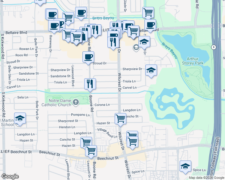 map of restaurants, bars, coffee shops, grocery stores, and more near 10926 Carvel Lane in Houston