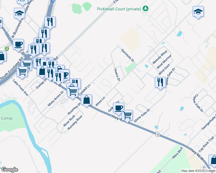 map of restaurants, bars, coffee shops, grocery stores, and more near 1136 Brown Rock Drive in New Braunfels