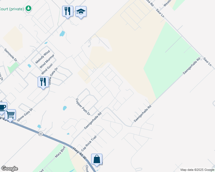 map of restaurants, bars, coffee shops, grocery stores, and more near 1366 Rios Bend Drive in New Braunfels