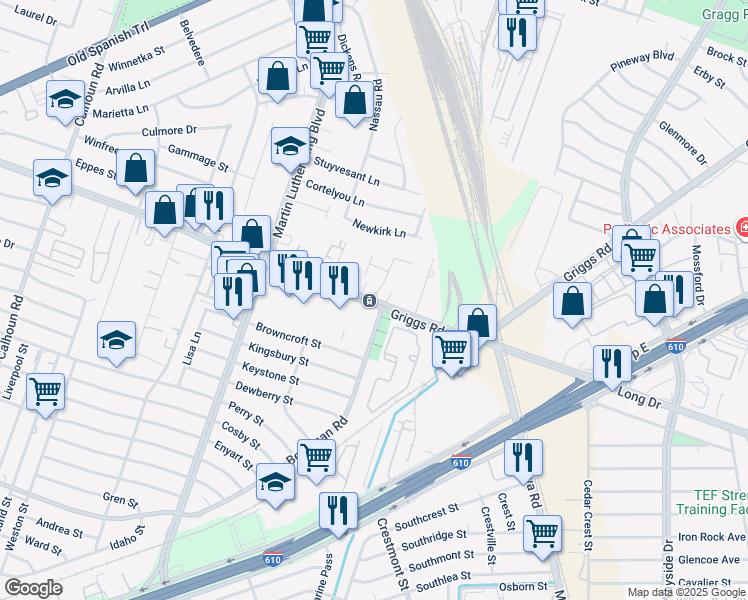map of restaurants, bars, coffee shops, grocery stores, and more near 5420 Griggs Road in Houston
