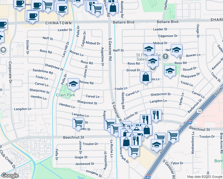 map of restaurants, bars, coffee shops, grocery stores, and more near South Gessner Road & Triola Lane in Houston
