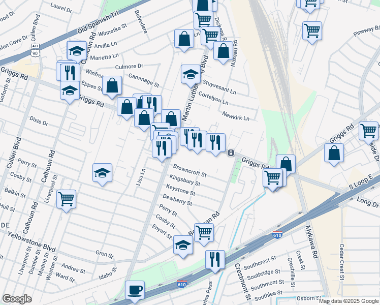 map of restaurants, bars, coffee shops, grocery stores, and more near 5210 Griggs Road in Houston