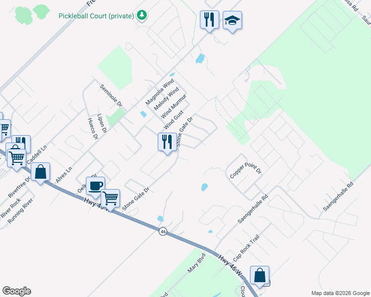 map of restaurants, bars, coffee shops, grocery stores, and more near 1109 Stone Branch in New Braunfels