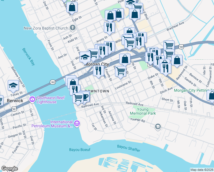 map of restaurants, bars, coffee shops, grocery stores, and more near 601-649 4th Street in Morgan City