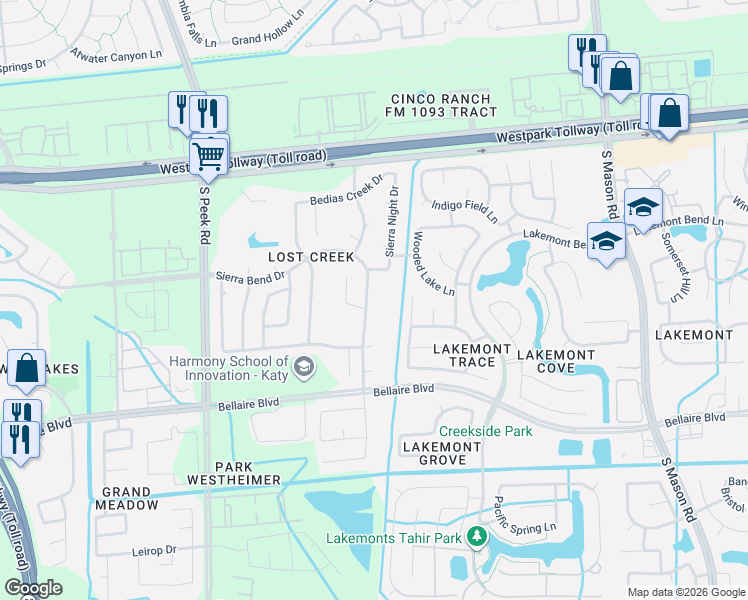 map of restaurants, bars, coffee shops, grocery stores, and more near 21330 Sierra Bend Drive in Richmond