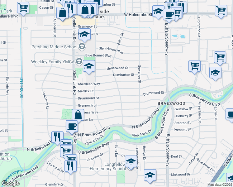 map of restaurants, bars, coffee shops, grocery stores, and more near 3707 Merrick Street in Houston